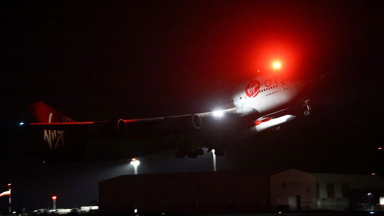 The plane takes off ahead of the launch of the UK's first satellite from Newquay Airport in Cornwall, England, on January 9, 2023.REUTERS/Henry Nichols