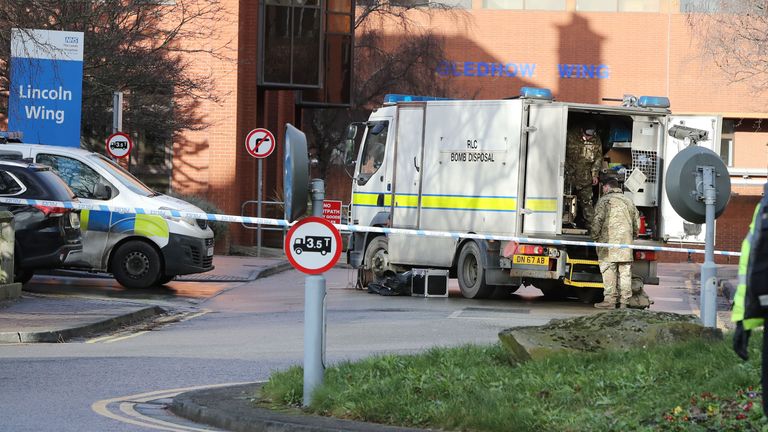 A bomb disposal unit at St James&#39;s Hospital, Leeds, where patients and staff were evacuated from some parts of the building following the discovery of a suspicious package outside the Gledhow Wing, which houses the majority of its maternity services including the delivery suite. A 27-year-old man from Leeds has been arrested in connection with the matter. Picture date: Friday January 20, 2023.