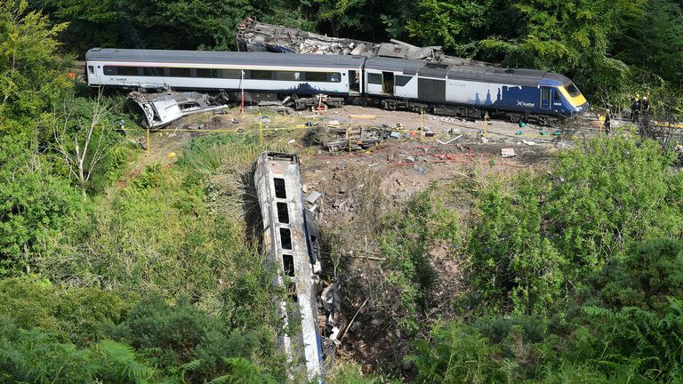 File photo dated 13/08/20 of emergency services inspecting the scene near Stonehaven, Aberdeenshire, following the derailment of the ScotRail train which cost the lives of three people. Prosecutors are considering whether Network Rail will face charges over a train crash which claimed three lives. Issue date: Thursday January 26, 2023.
