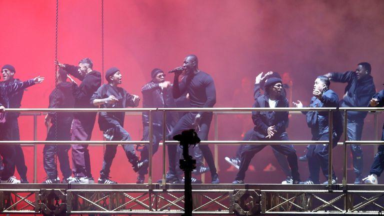 Stormzy performs on stage at the Brit Awards 2020 in London, Tuesday, February 18, 2020. (Photo by Joel C Ryan/Invision/AP)