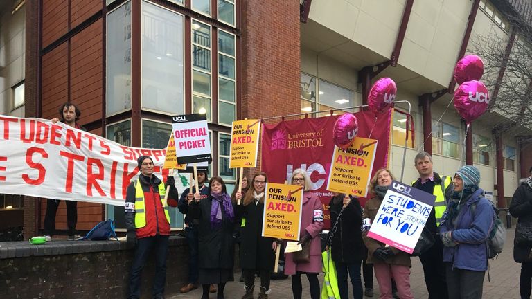 Striking lecturers are pictured on Bristol&#39;s university campus during recent industrial action