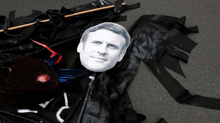 Placard of Emmanuel Macron seen at a demonstration 