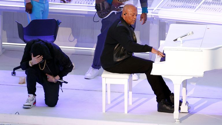 Eminem and Dr. Dre perform during the halftime show at NFL Super Bowl 56.Photo: Associated Press 