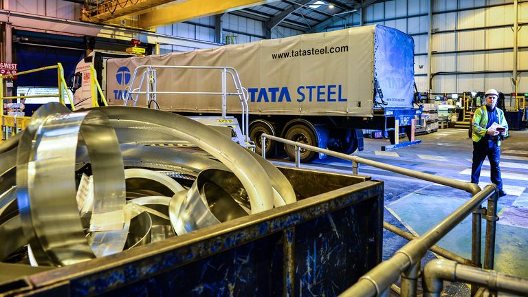 A worker delivers steel on an articulated lorry at Tata Steel&#39;s Wednesbury site in Willenhall, Wolverhampton. PRESS ASSOCIATION Photo. Picture date: Wednesday February 15, 2017. Photo credit should read: Ben Birchallirchall