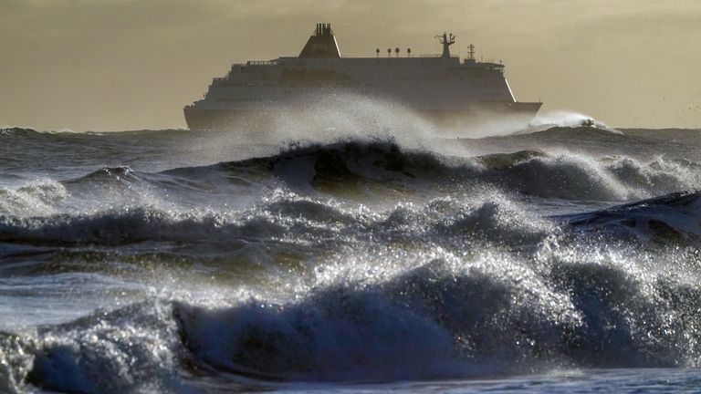 The DFDS King of seaways enters the Mouth of the Tyne on the North East coast in Rough sea. Picture date: Wednesday January 18, 2023.
