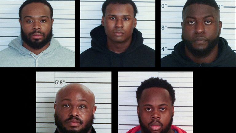 Clockwise from top left: Officers Demetrius Haley, Justin Smith, Emmitt Martin III, Tadarrius Bean and Desmond Mills Jr have been sacked. Pic: Shelby County Sheriff's Office
