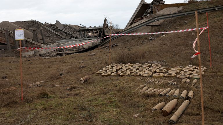 Unexploded ordnance and landmines are seen by the main road to Kherson, Ukraine November 16, 2022. REUTERS/Murad Sezer
