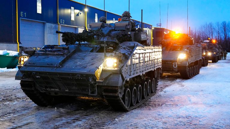 Britain&#39;s armoured vehicles prepare to move at the Tapa Military Camp, in Estonia, Thursday, Jan. 19, 2023. Britain&#39;s Defense Secretary Ben Wallace said his country would send at least three batteries of AS-90 artillery, armored vehicles, thousands of rounds of ammunition and 600 Brimstone missiles, as well as the squadron of Challenger 2 tanks. (AP Photo/Pavel Golovkin)