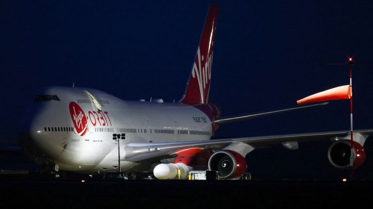 Virgin Boeing 747-400 aircraft Cosmic Girl parked on the tarmac with Virgin on the wing ahead of the first UK launch tonight at Cornwall Aerospace at Newquay Airport, Newquay, UK, 09 January 2023 Orbital's LauncherOne rocket.REUTERS/Henry Nichols
