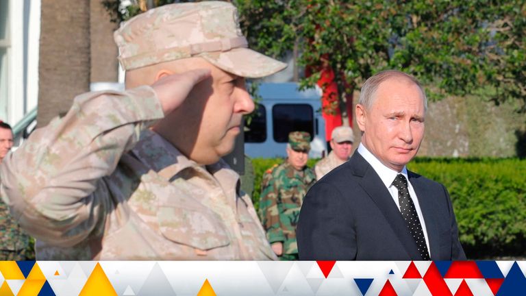 Vladimir Putin looks at Col.Gen. Sergei Surovikin in Syria 
Pic:AP