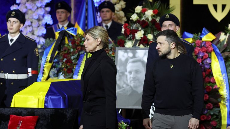 Ukraine&#39;s President Volodymyr Zelenskiy and first lady Olena Zelenska attend a memorial ceremony for Ukrainian Interior Minister Denys Monastyrskyi, his deputy and officials who died in the helicopter crash near Kyiv, in Kyiv, Ukraine, January 21, 2023. REUTERS/Nacho Doce

