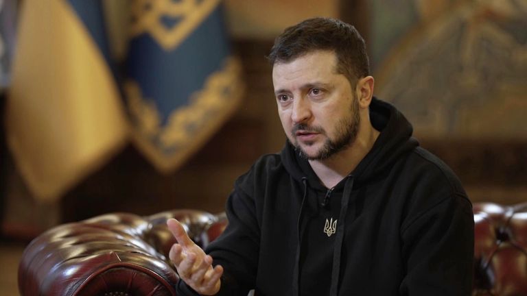  Volodymyr Zelenskyy during his interview with Kay Burley
Taken From : Ingest_1_NM04_BURLEY_ZELENSKY_GRAB_TANKS_