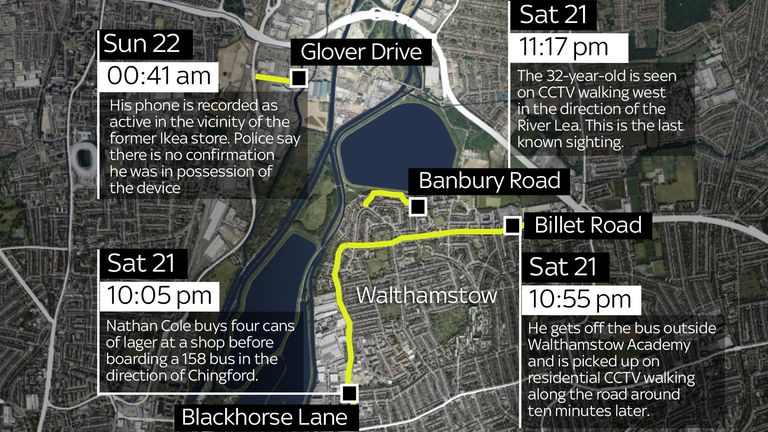 A map showing the last known sightings of missing Nathan Cole, who was last seen in the Walthamstow area of north east London.