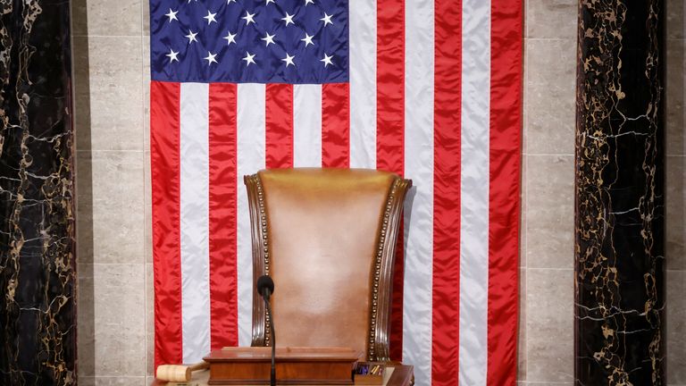 The chair of the Speaker of the U.S. House of Representatives sits empty as the House embarks on another round of voting for a new House Speaker on the second day of the 118th Congress at the U.S. Capitol in Washington 