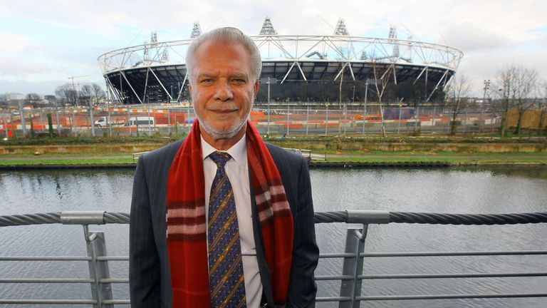 West Ham football club co-owner David Gold poses in front of the Olympic Stadium