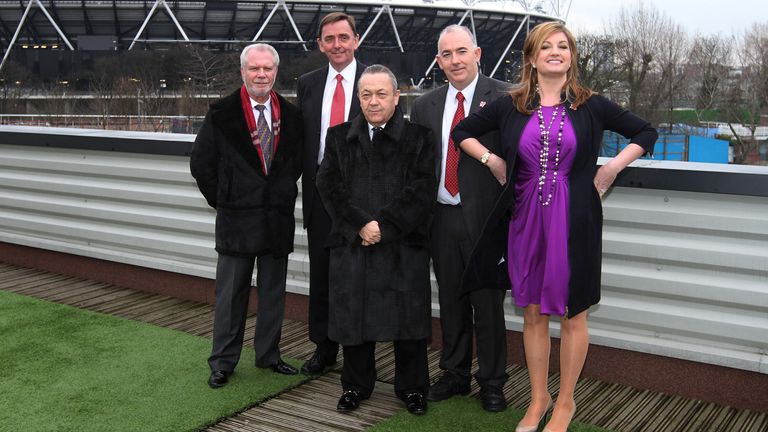 West Ham football Club co-owner David Gold (left) with (L-R) Sir Robin Wales, Mayor of Newham, David Sullivan, co-owner, Kim Bromley-Derry, Newham Council Chief Executive and club vice-chairman, Karren Brady, pose in front of the Olympic Stadium
