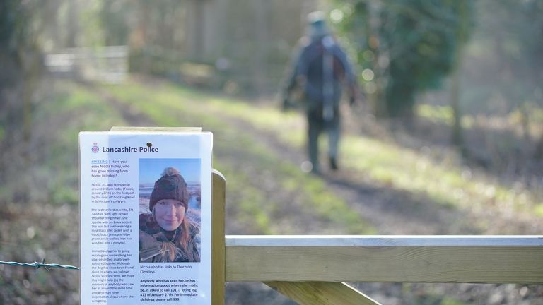 A missing person notice attached to a gate in St Michael&#39;s on Wyre, Lancashire, where officers from Lancashire Police are searching for Nicola Bulley, 45, from Inskip, Lancashire, who was last seen on the morning of Friday January 27, when she was spotted walking her dog on a footpath by the River Wyre. Picture date: Monday January 30, 2023.