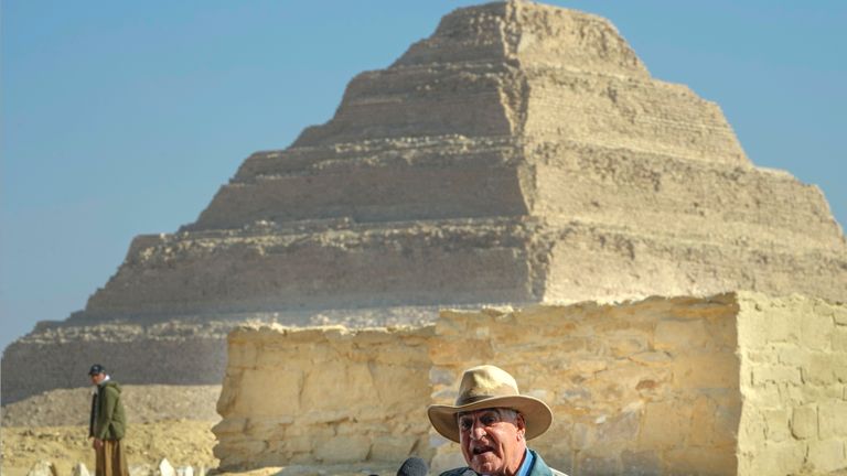 Egyptian archaeologist Zahi Hawass, the director of the Egyptian excavation team, speaks during a press conference at the site of the Step Pyramid of Djoser in Saqqara, 24 kilometers (15 miles) southwest of Cairo, Egypt, 
Pic:AP