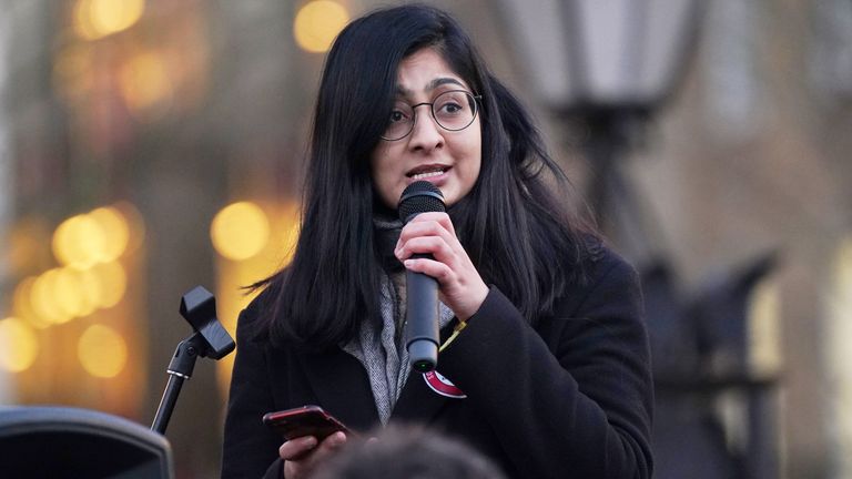 Labour MP Zarah Sultana, speaks during a protest in Whitehall, London, during the nurses strike, against the Bill on minimum service levels during strikes. Picture date: Wednesday January 18, 2023.