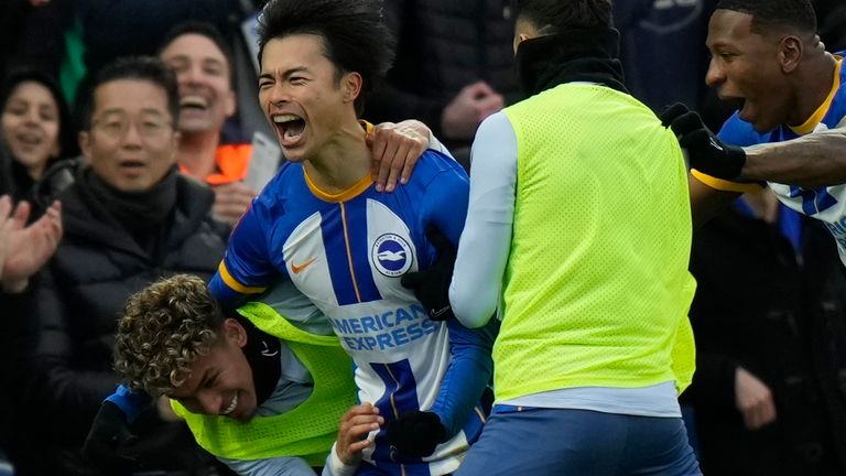 Brighton&#39;s Kaoru Mitoma celebrates after scoring his side&#39;s second goal