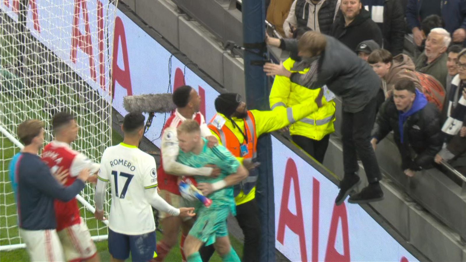 WATCH: Arsenal goalkeeper Ramsdale kicked by Spurs fan as tempers