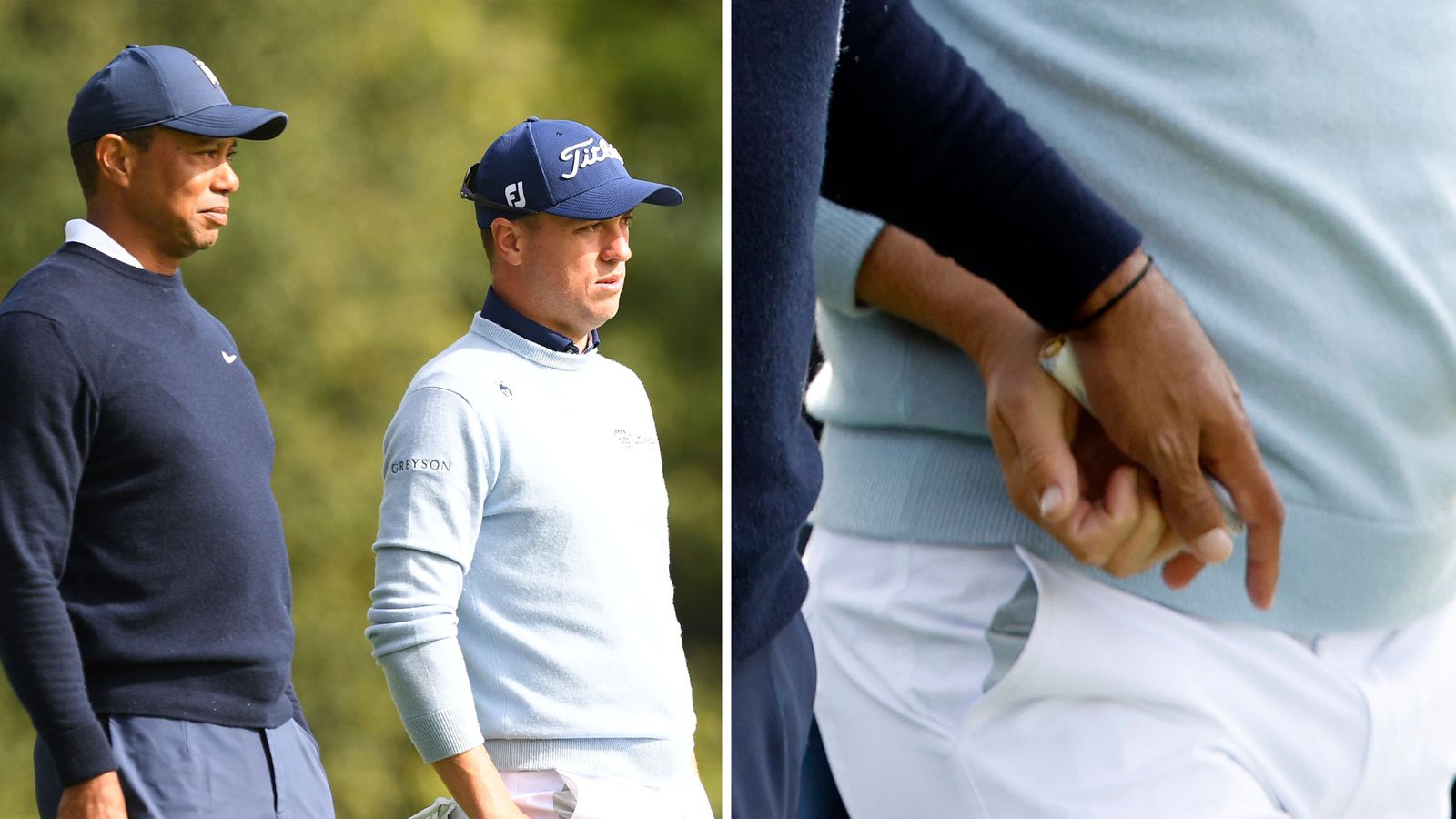 Tiger Woods gives fellow golfer Justin Thomas a tampon after hitting ball further