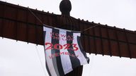 The Angel of the North pictured with a Newcastle United banner ahead of the Carabao Cup final 