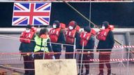 A group of people thought to be migrants are brought in to Dover, Kent, from a Border Force vessel following a small boat incident in the Channel. 
