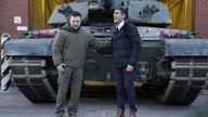 Prime Minister Rishi Sunak and Ukrainian President Volodymyr Zelensky meet Ukrainian troops being trained to command Challenger 2 tanks at a military facility in Lulworth, Dorset. Picture date: Wednesday February 8, 2023.