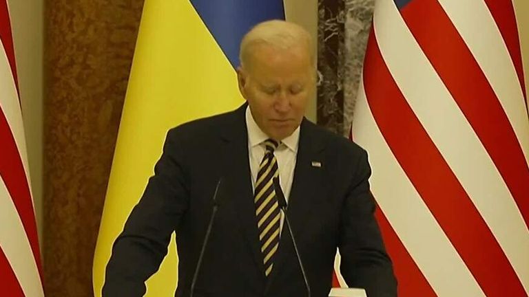 Joe Biden was greeted by President Zelenskyy and the first lady of Ukraine at the presidential palace.
