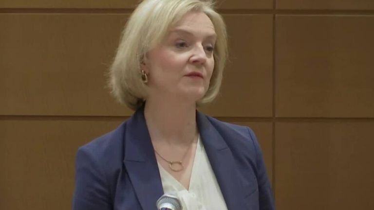 Liz Truss says during a speech in Tokyo that &#34;we&#39;re living in very turbulent economic times, right through from the shock of the financial crisis, through to the COVID crisis that we&#39;re still recovering from&#34;.