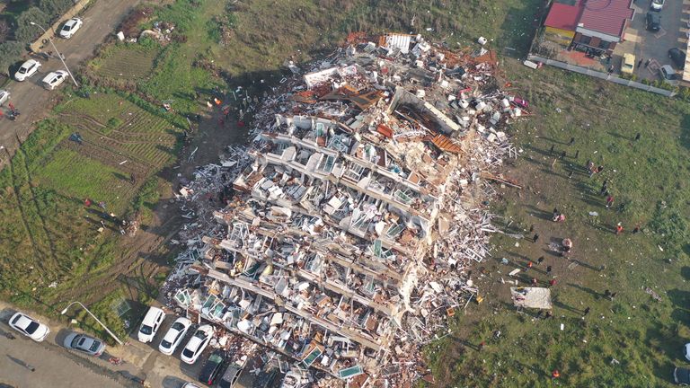 An aerial view shows collapsed and damaged buildings after an earthquake in Hatay, Turkey