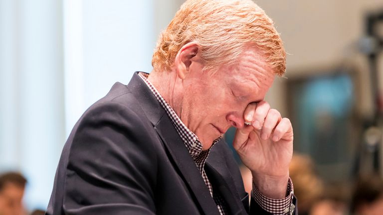 Alex Murdaugh cries while listening to his son Buster Murdaugh testify during Alex Murdaugh&#39;s trial at the Colleton County Courthouse in Walterboro, S.C., on Tuesday, Feb. 21, 2023. The 54-year-old attorney is standing trial on two counts of murder in the shootings of his wife and son at their Colleton County, S.C., home and hunting lodge on June 7, 2021. 
Pic:AP