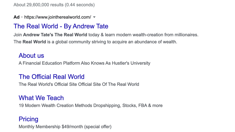 Example of an ad running on Google for Andrew Tate's program