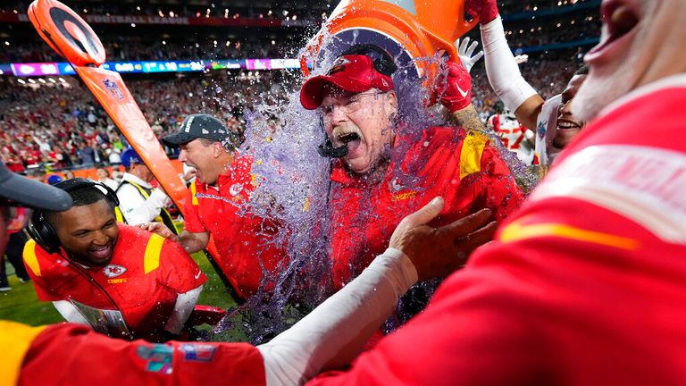 Kansas City Chiefs head coach Andy Reid gets &#39;dunked&#39; after the game