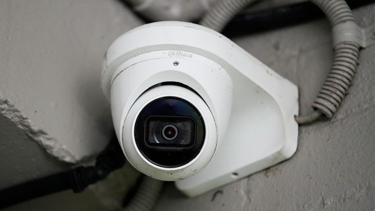 This shows a Chinese Dahua brand security camera in Sydney, Australia, Thursday, Feb. 9, 2023. Australia&#39;s Defense Department said Thursday that they will remove surveillance cameras made by Chinese Communist Party-linked companies from its buildings. (AP Photo/Mark Baker)
