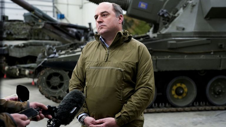 Ben Wallace speaks with members of the media during a news conference with Baltic defence ministers and representatives from other NATO members in Tapa Army Base, Estonia