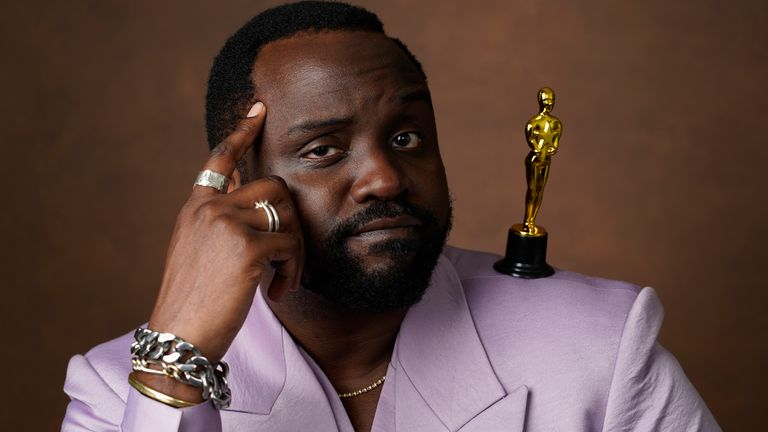 Brian Tyree Henry poses with a miniature Oscar statuette for a portrait at the 95th Academy Awards Nominees Luncheon on Monday, Feb. 13, 2023, at the Beverly Hilton Hotel in Beverly Hills, Calif. (AP Photo/Chris Pizzello)