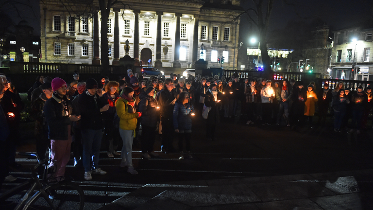 Members of the public attend a candle-lit vigil at Dalton Square, Lancaster, in memory of transgender teenager Brianna Ghey