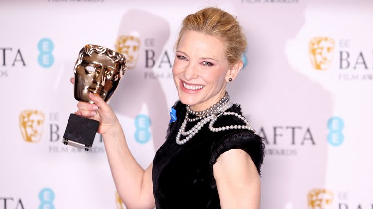 Cate Blanchett poses with her award for Best Leading Actress for &#39;Tar&#39; during the 2023 British Academy of Film and Television Arts (BAFTA) Film Awards at the Royal Festival Hall in London, Britain, February 19, 2023. REUTERS/Henry Nicholls
