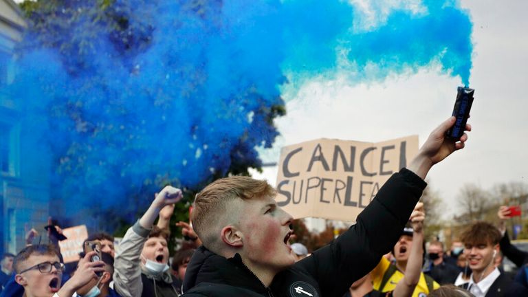 Chelsea fans protest outside Stamford Bridge stadium against plans for a European Super League. Pic: AP