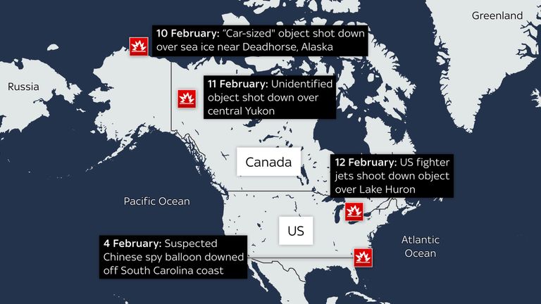 A graphic showing where and when objects have been shot down by fighters after entering US airspace. The first incident involved a suspected Chinese spy balloon, followed by unidentified objects being shot down over Alaska, Yukon and Lake Huron.
