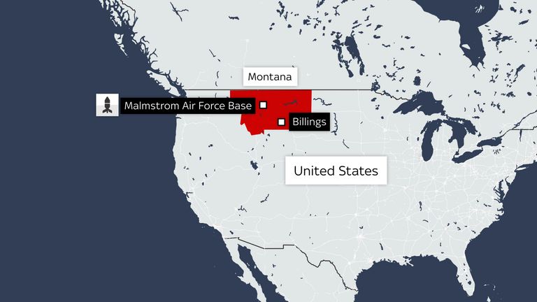 A map showing where the balloon was found and Malmstrom Air Force Base in the United States