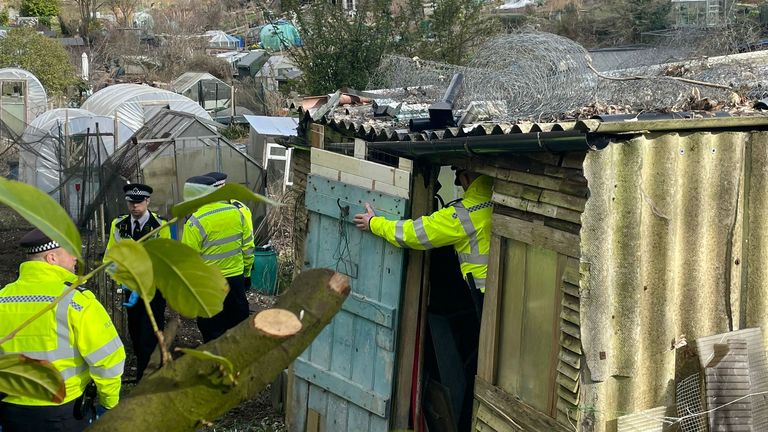 Police search teams in Roedale Valley Allotments, Brighton, where an urgent search operation is underway to find the missing baby of Constance Marten, who has not had any medical attention since birth in early January