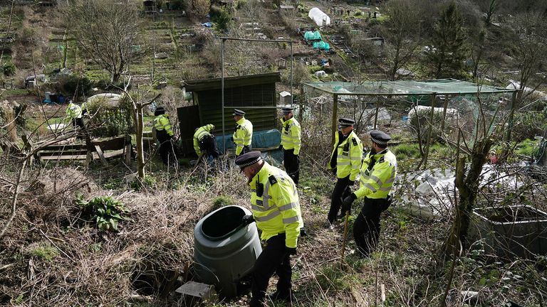 Police search teams in Roedale Valley Allotments, Brighton, where an urgent search operation is underway to find the missing baby of Constance Marten, who has not had any medical attention since birth in early January 