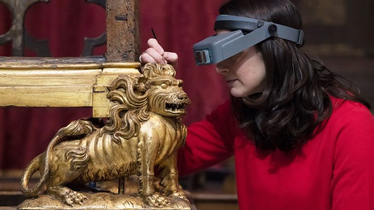 EMBARGOED TO 0001 WEDNESDAY MARCH 01 Conservator Krista Blessley works on the restoration of a Coronation chair, at Westminster Abbey in London, ahead of the upcoming coronation of King Charles III, which will be held at the Abbey on May 6. Picture date: Tuesday February 28, 2023.