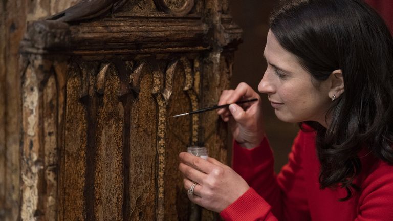 EMBARGOED TO 0001 WEDNESDAY MARCH 01 Conservator Krista Blessley works on the restoration of a Coronation chair, at Westminster Abbey in London, ahead of the upcoming coronation of King Charles III, which will be held at the Abbey on May 6. Picture date: Tuesday February 28, 2023.