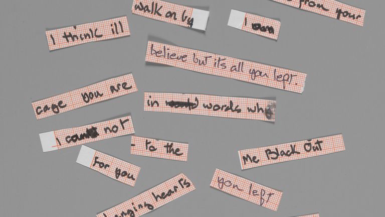 Cut up lyrics for Blackout from Heroes, 1977, by David Bowie. Pic: The David Bowie Archive