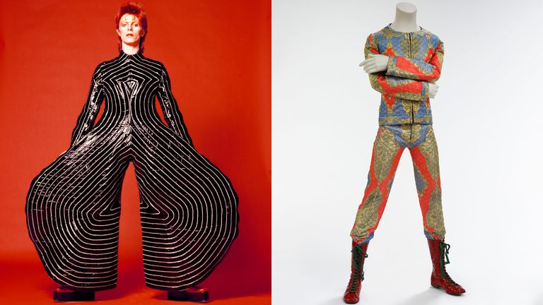 L-R: Bowie&#39;s famous striped bodysuit for the Aladdin Sane tour in 1973, designed by Kansai Yamamoto; Quilted two-piece suit designed by Freddie Burretti for the Ziggy Stardust tour, 1972. Pics: Masayoshi Sukita courtesy of Sukita and The David Bowie Archive/ The David Bowie Archive