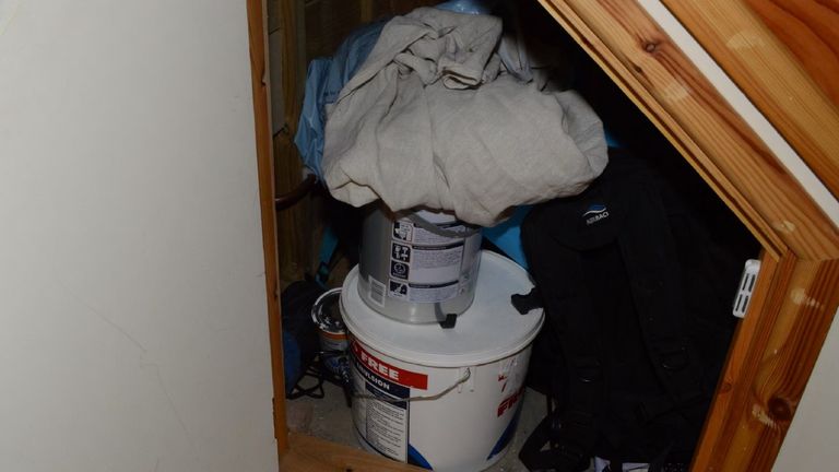 STRICTLY EMBARGOED UNTIL prosecutor Tom Little KC has delivered his opening in the sentencing of David Carrick. 
The understairs cupboard in David Carrick&#39;s house. Pic: CPS/Hertfordshire Police